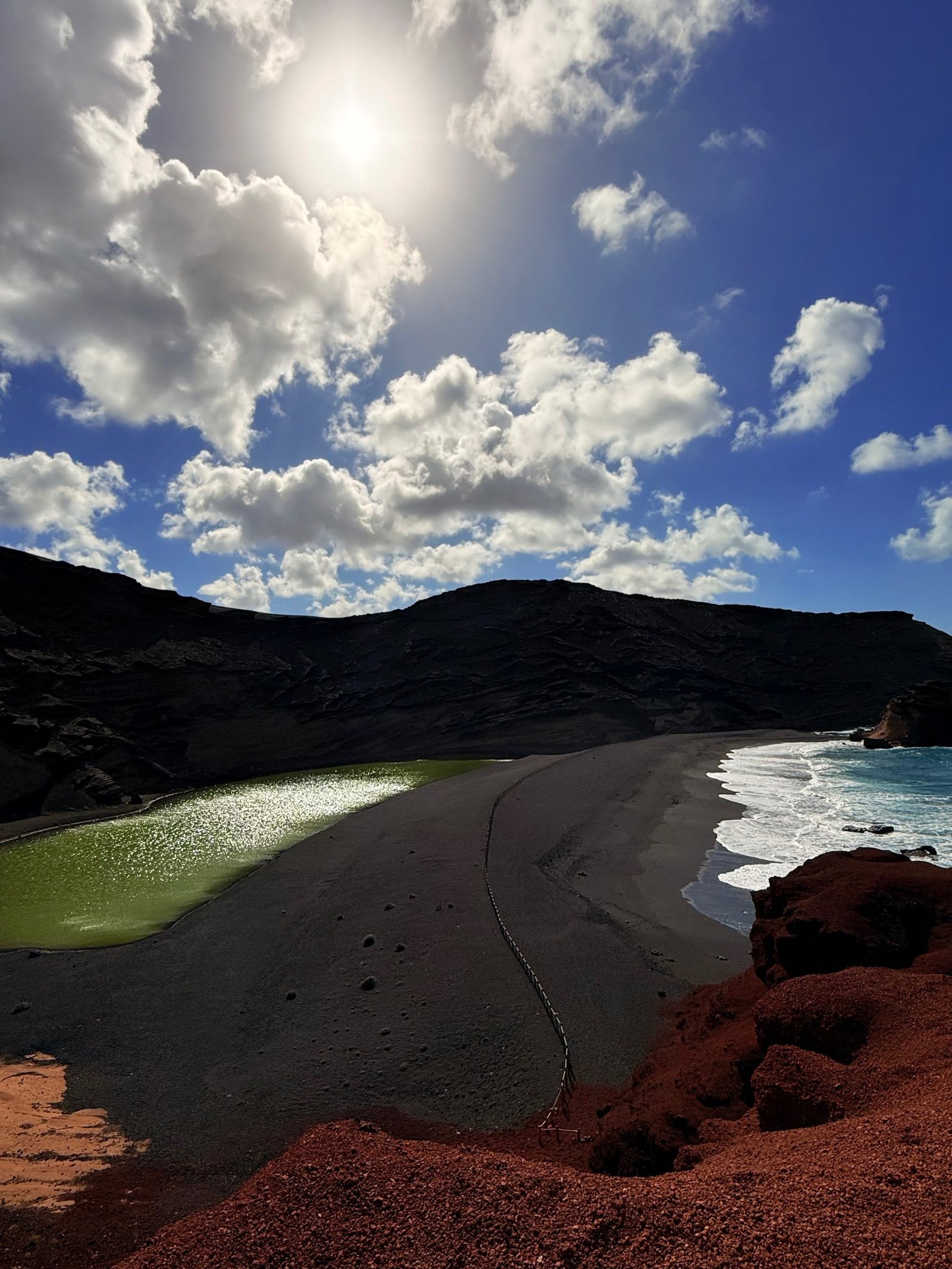 Green lagoon and black volcanic beach at El Golfo, Lanzarote