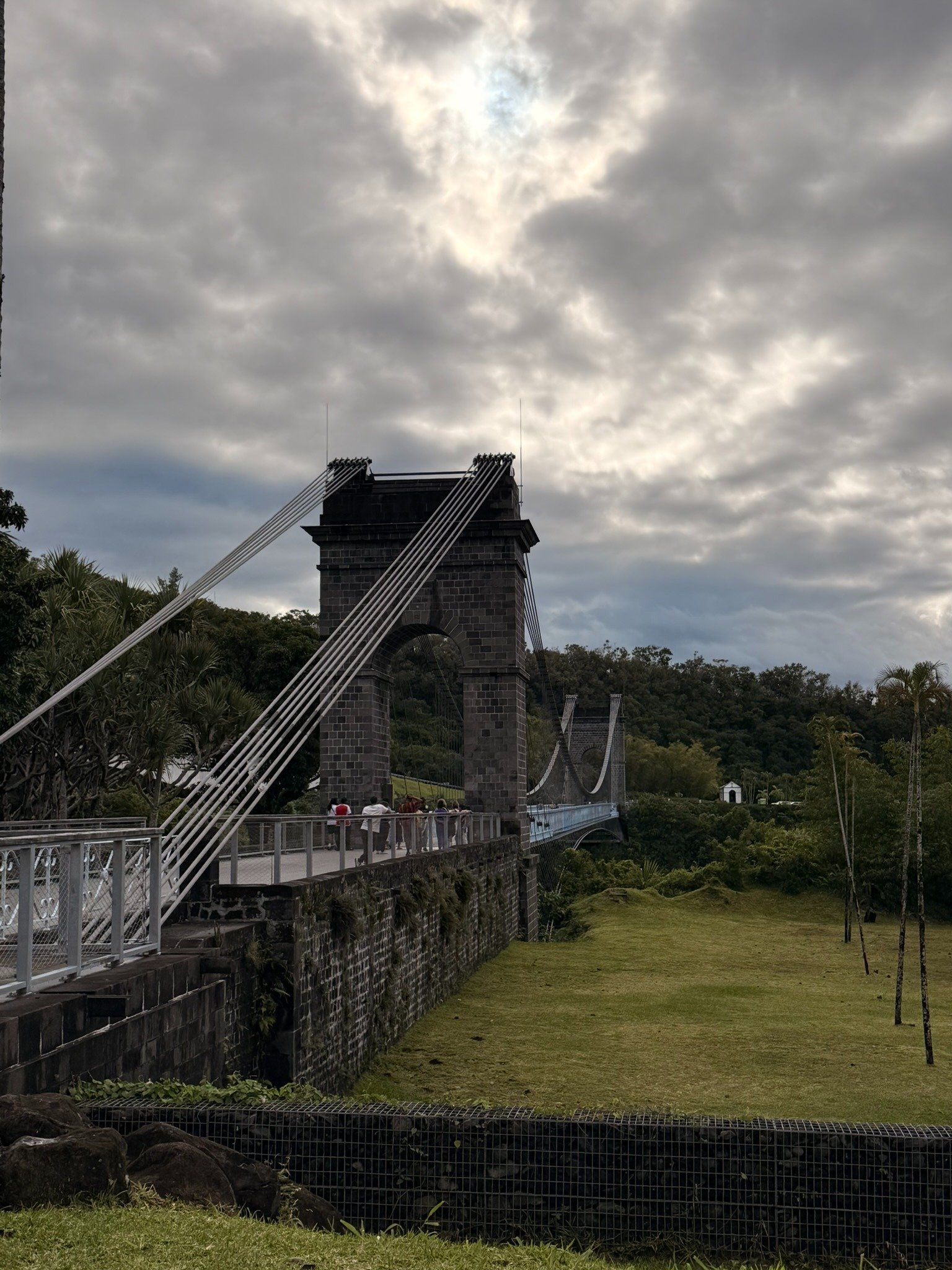 Pont suspendu de la Rivière de l’Est entouré de végétation