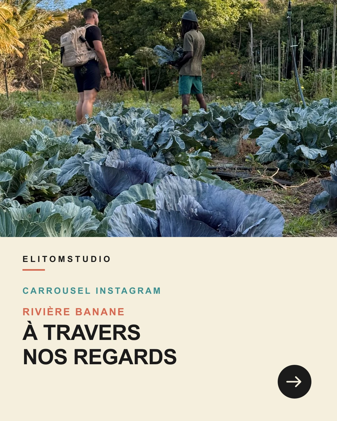 Un guide local et un voyageur parcourant un potager à Rivière Banane, sur l’île Rodrigues.